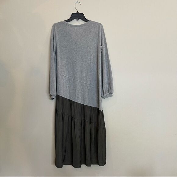 SIMPLE Suzanne Betro Heather Gray Ruffle Asymmetric Midi Dress - Picture 3 of 10